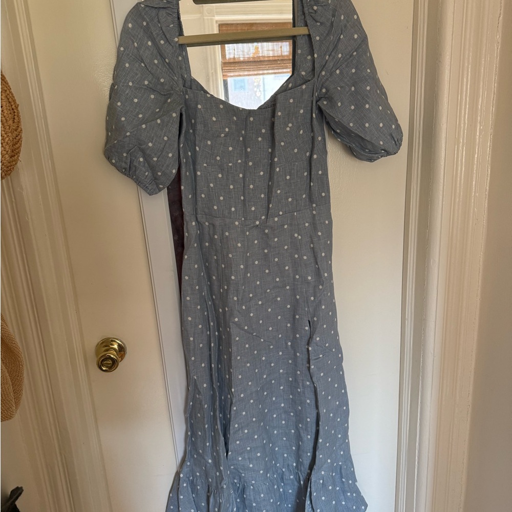 Reformation Linen Blue Polka Dot Dress